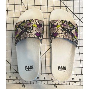 P448 slides sandals womens black purple lime‎ print 8.5